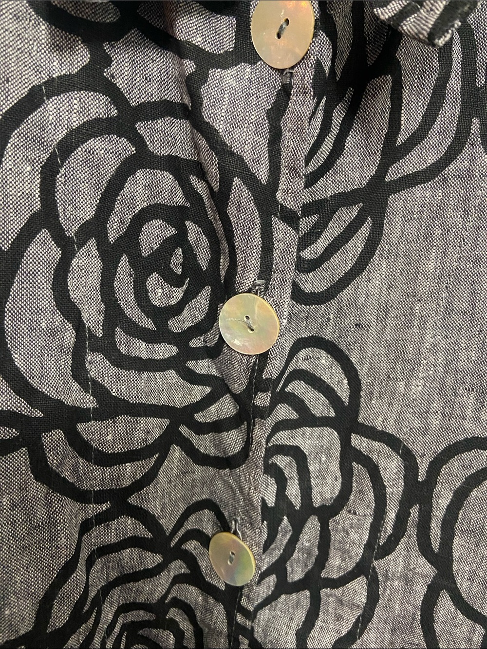Flax Gray Floral 100% Linen Blazer with Black Rose Print. Artsy Size Small - Picture 2 of 8